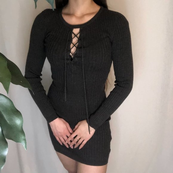 Grey Criss Cross Detail Bodycon Casual Dress - Picture 7 of 12